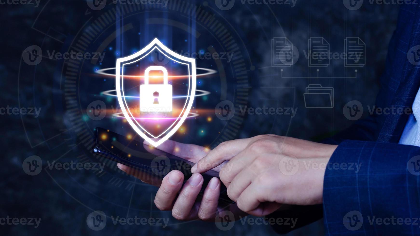 Network security shield system, Personal Data information on smart phone. Information and cyber security Technology Services. Internet Technology. photo