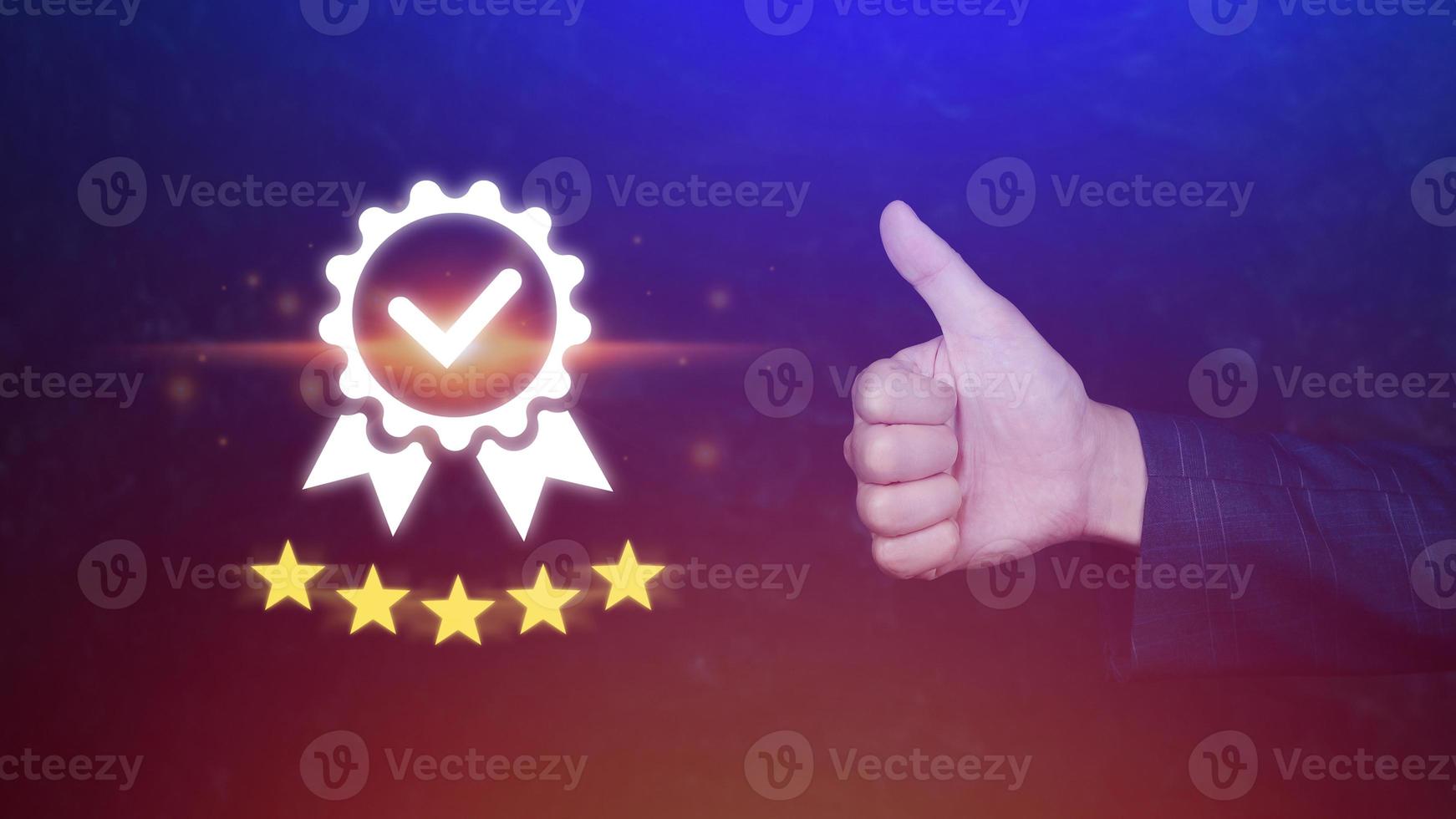 Businessman hand shows the symbol of the top service Quality assurance 5 star with thumb up , Guarantee, best product, Standards, ISO certification and standardization concept. photo