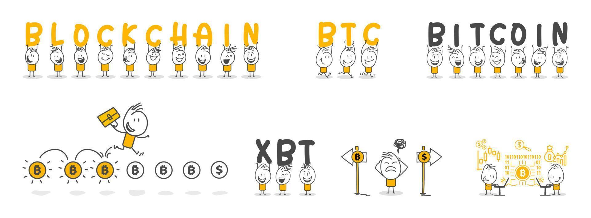 Stick figures. Bitcoins. Blockchain. vector