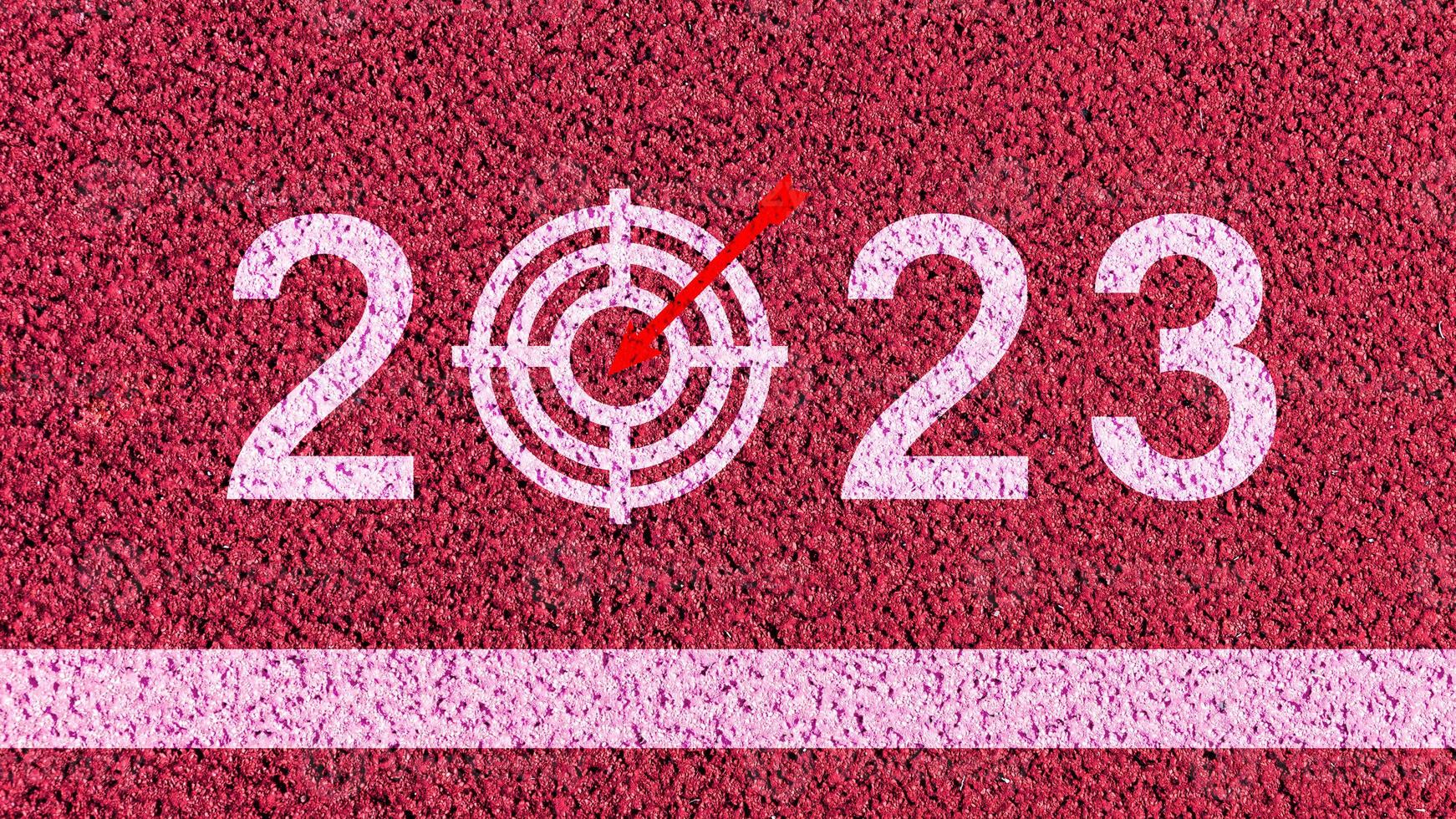 New year 2023 or straight forward concept. Text 2023 written on an athletics track, Concept of planning, goal, challenge, new year resolution. photo