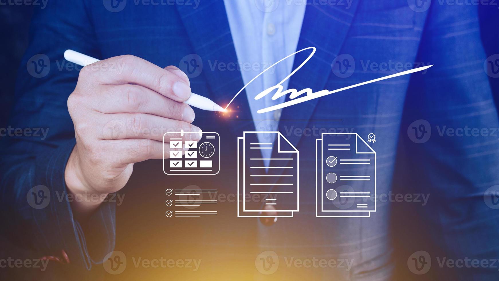 Electronic Signature Concept, Electronic Signing Businessman signs electronic documents on digital documents on virtual laptop screen using stylus pen, Paperless workplace idea. photo
