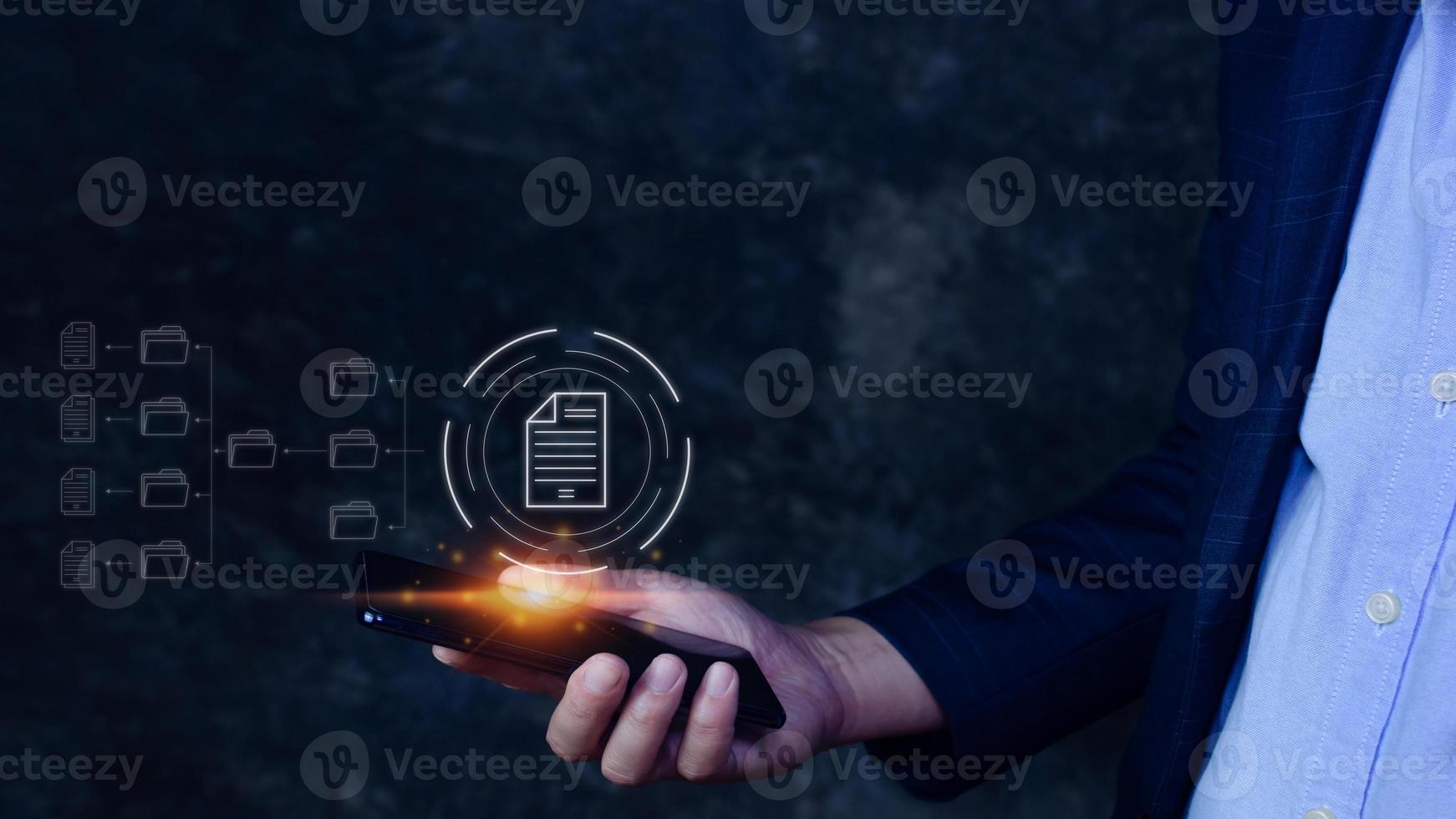 Document Management System DMS on smartphone, Online documentation database process automation to efficiently manage files, knowledge and documentation enterprise with ERP. photo