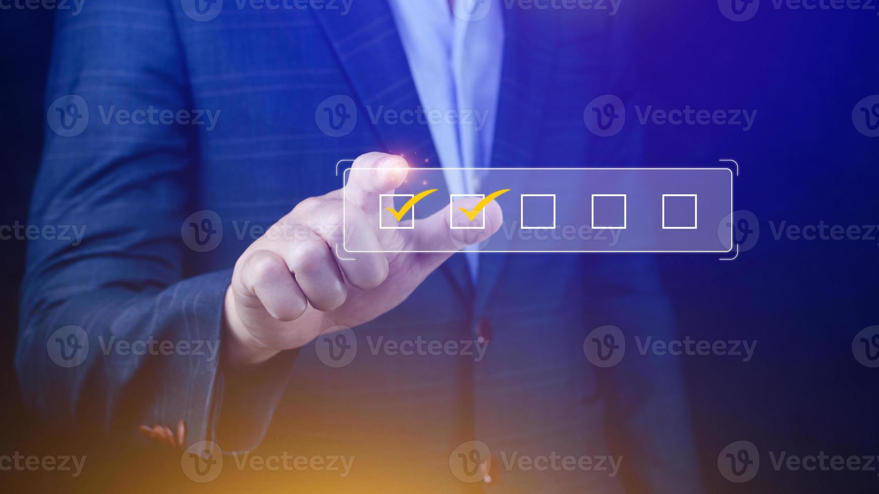 Businessman tick correct sign mark for document approve , project acceptance and quality assurance concept, take an assessment, questionnaire, evaluation, online survey online exam check list photo