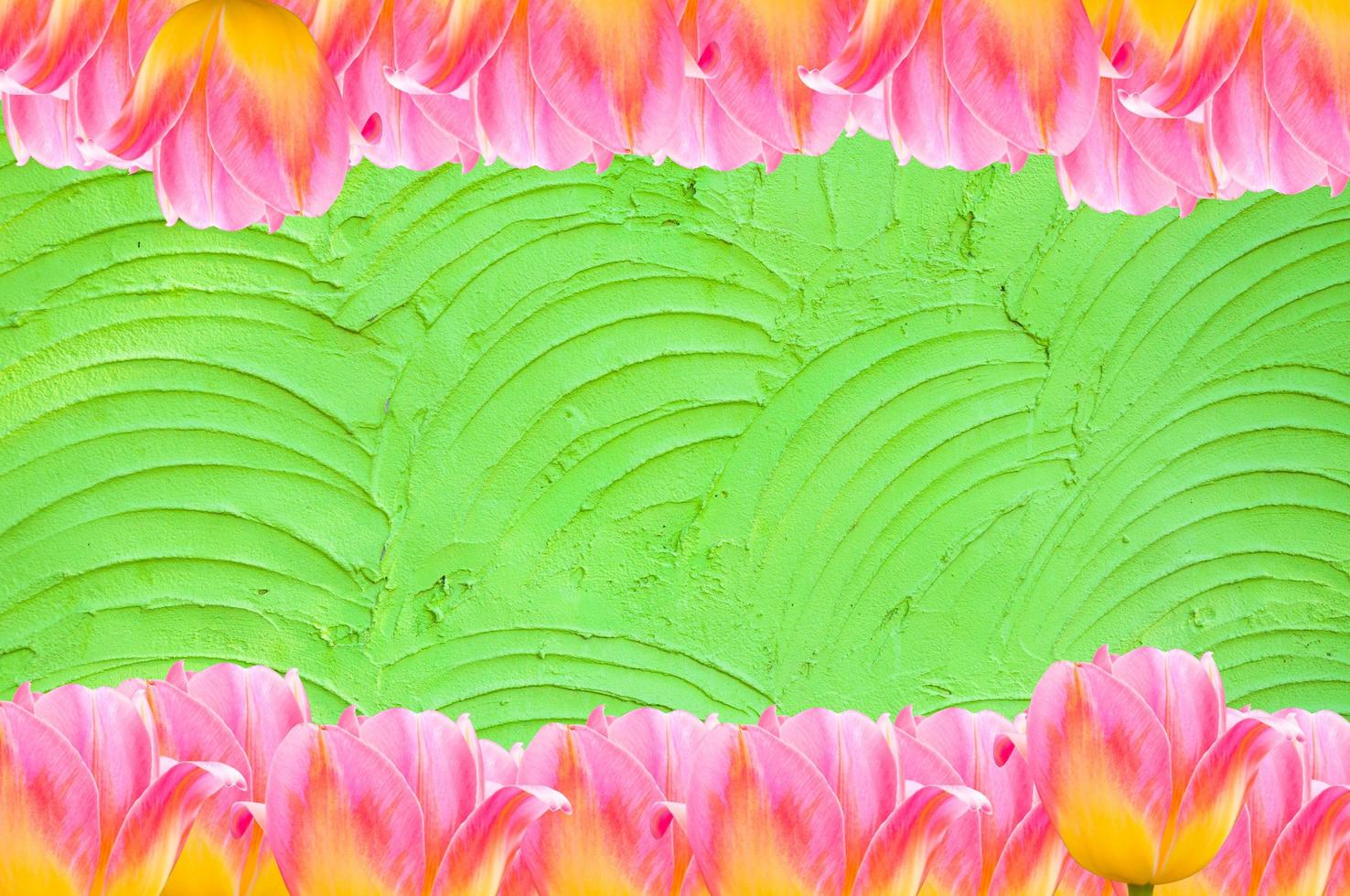 Pink Tulips, frame  Fresh spring tulips flowers with space for text  on green cement  background photo