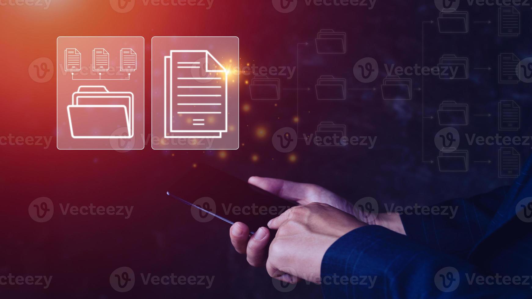 Document Management System DMS being setup IT consultant working on smartphone. Software for archiving, searching and managing corporate files information photo