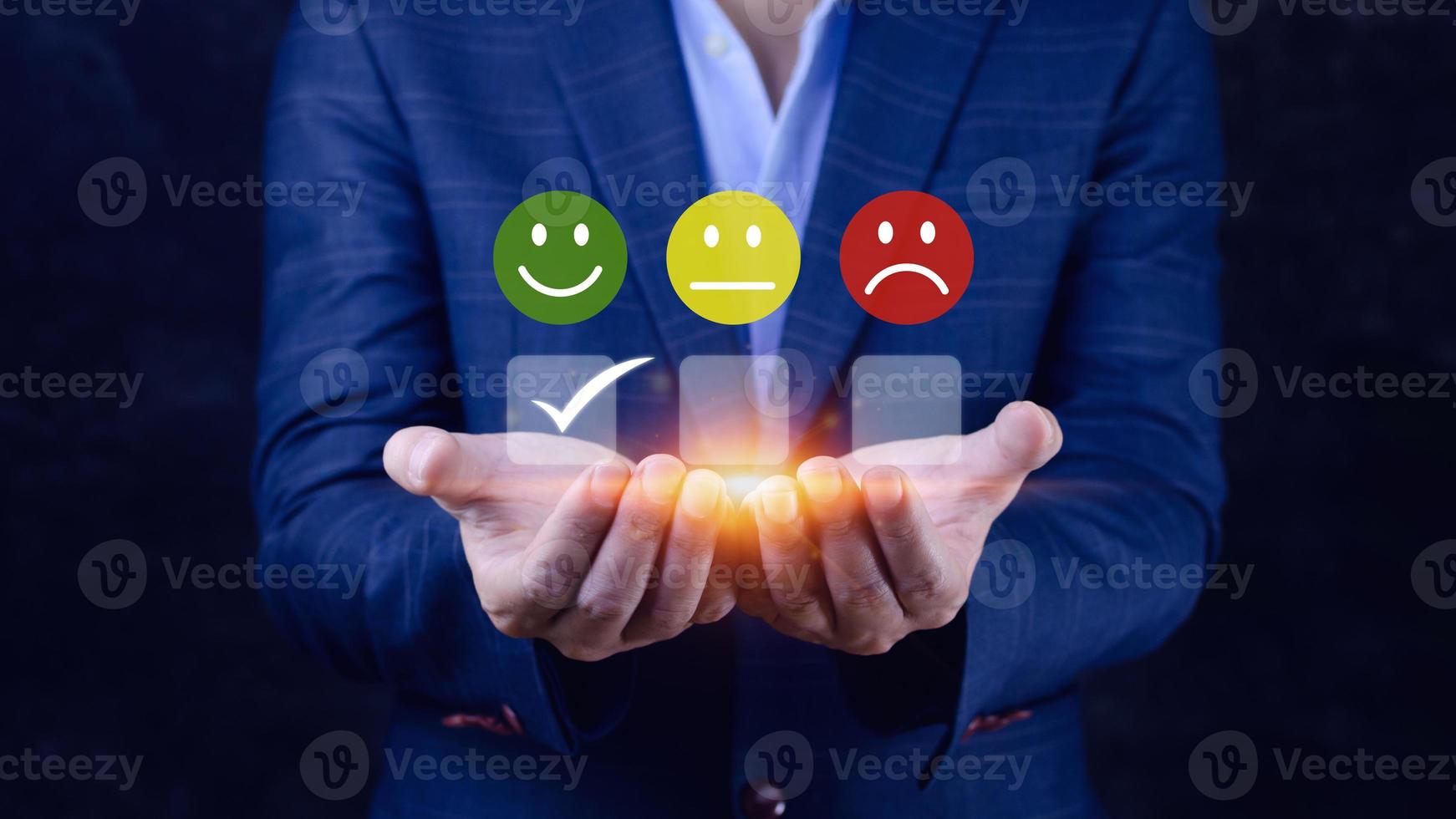 Businessman choosing happy smile face icon. feedback rating and positive customer review experience, satisfaction survey. mental health assessment. World mental health day concept photo