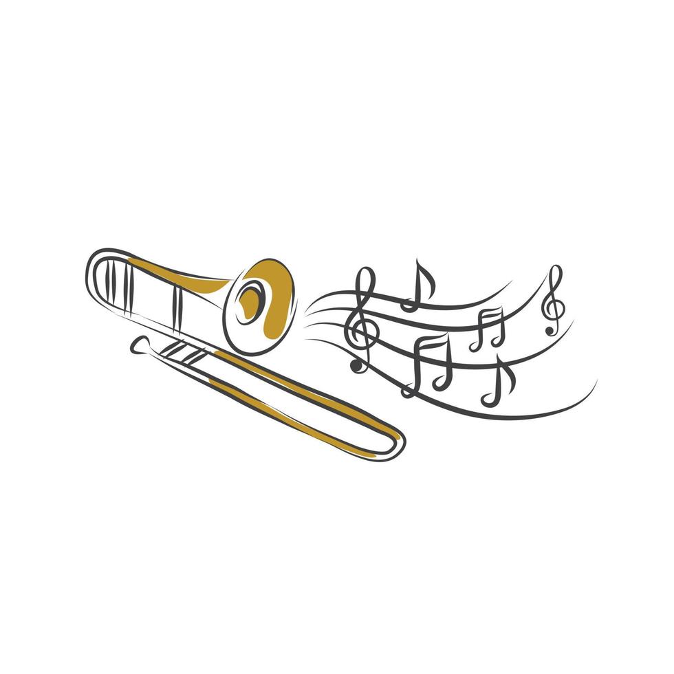 Vector hand drawn illustration of trumpet. Black and white, isolated on white.