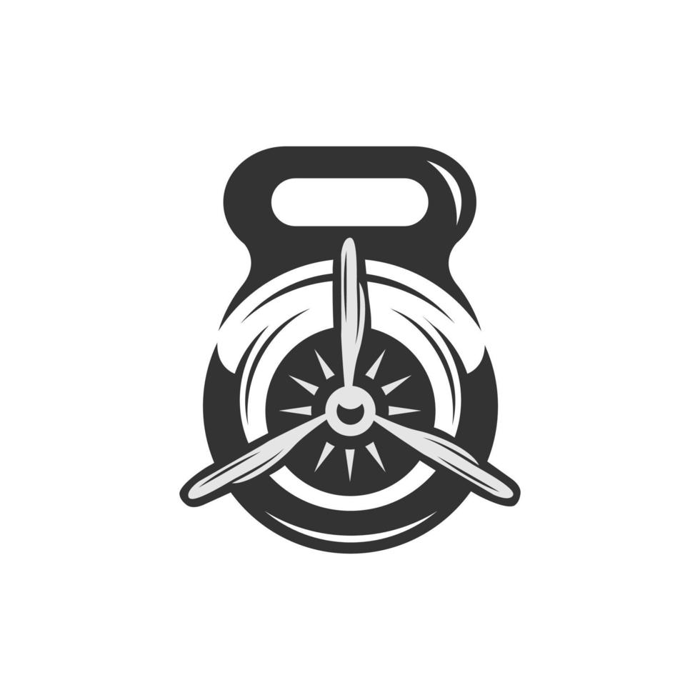 Gym strength logo design idea with kettle bell and propeller in negative space. Fitness and bodybuilding club logo template. Sports and themes vector