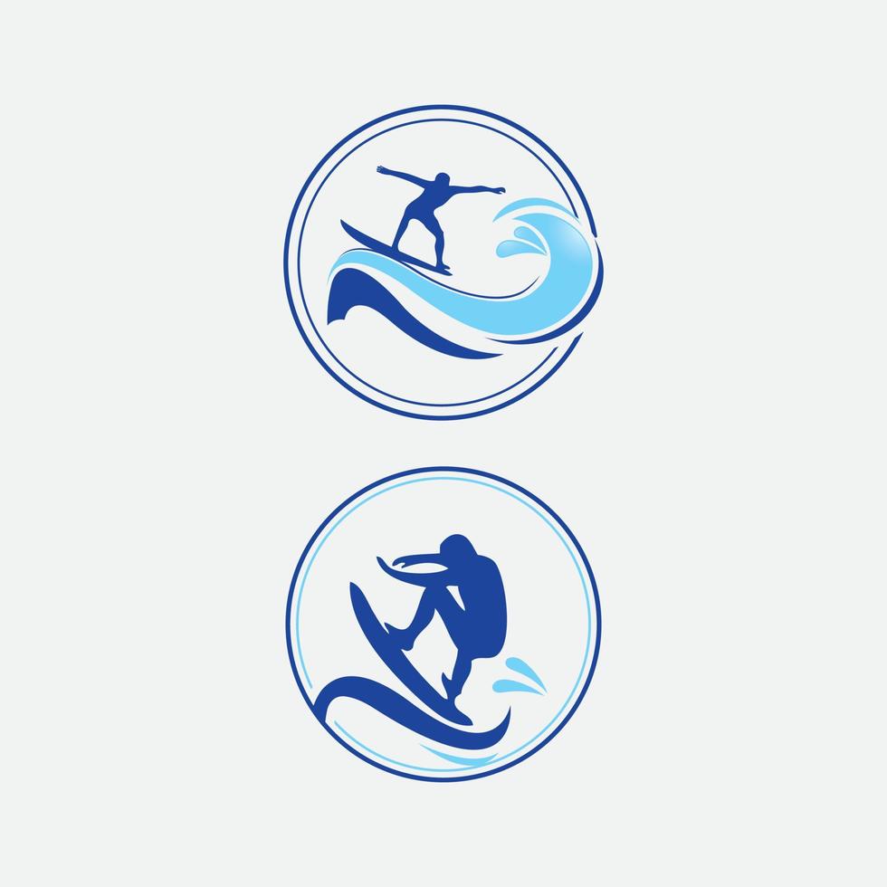 Summer surfing sports vector logos collection with surfer, surf board and ocean wave