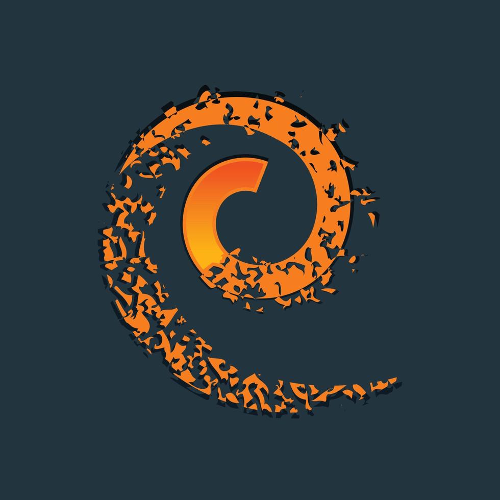 Vector orange spiral. Glowing spark trail tracing on transparent navy blue background