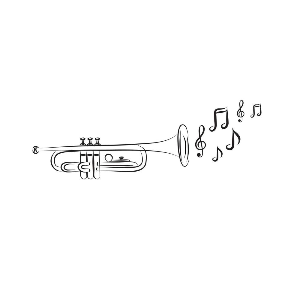 Vector hand drawn illustration of trumpet. Black and white, isolated on white.