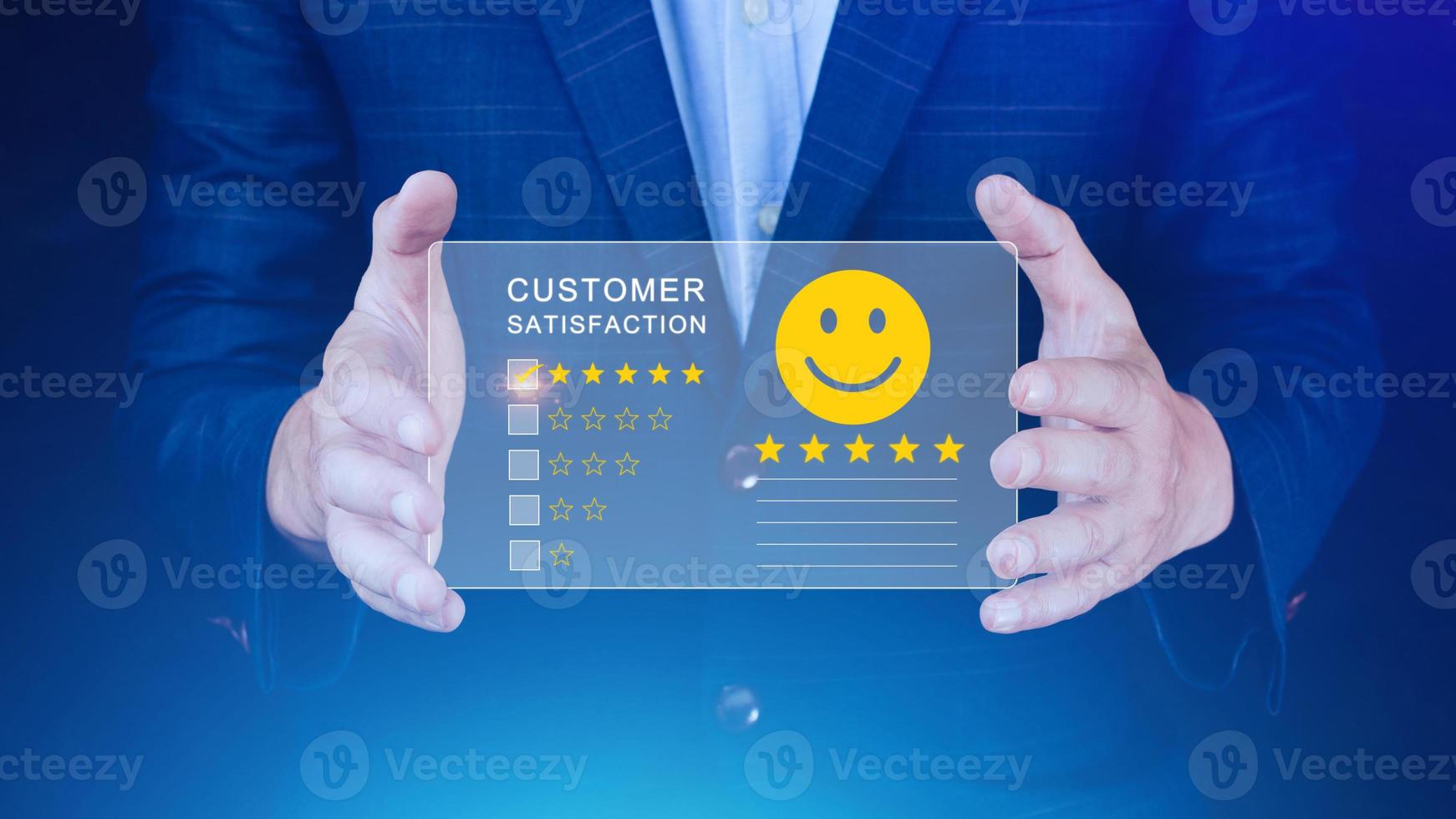 User gives rating to service experience on online application, Customer review satisfaction feedback survey concept, Customer can evaluate quality of service leading to reputation ranking of business. photo