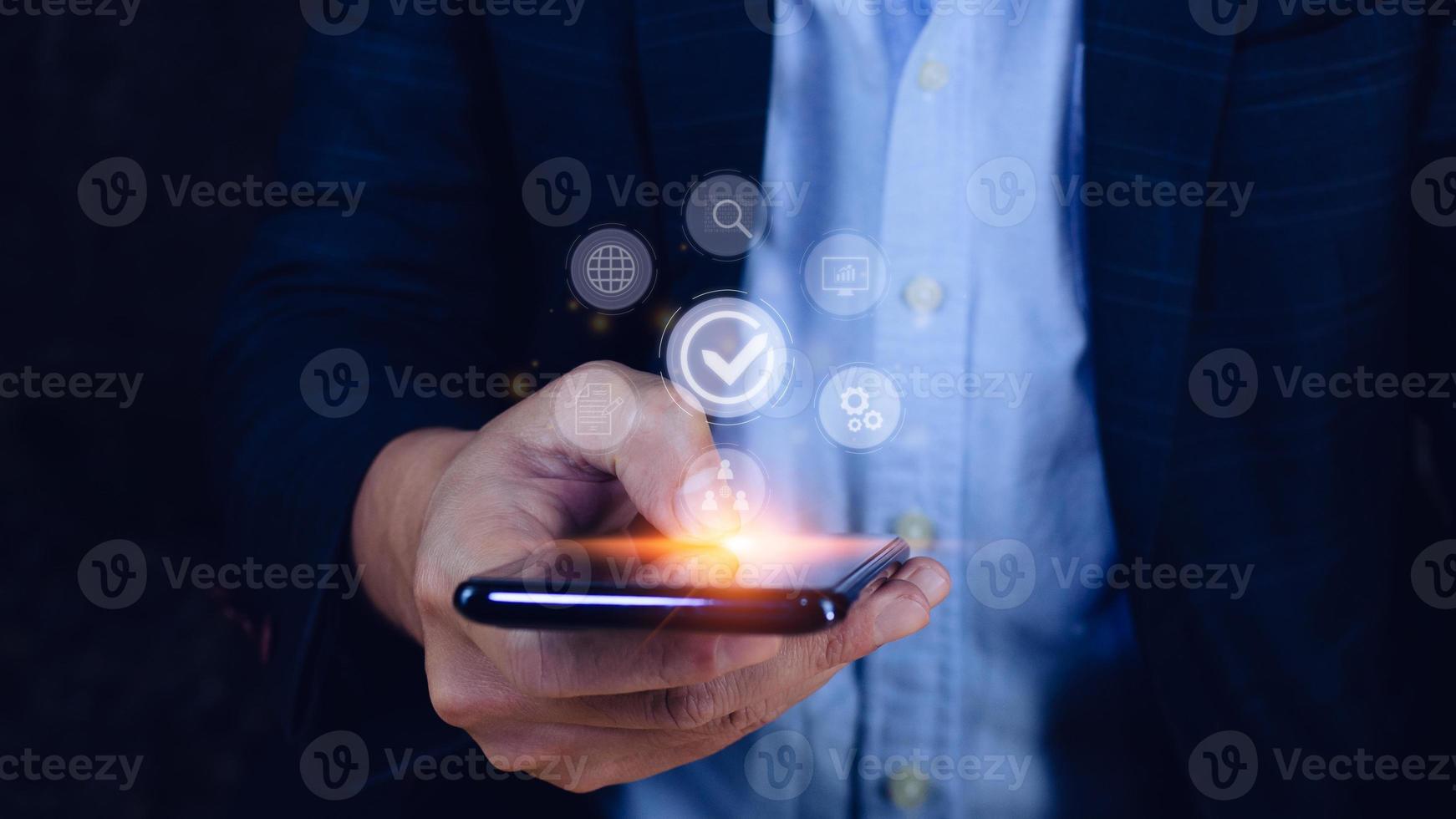 Quality management with Quality assurance or QA and Quality control or QC and improvement. Standardization and certification concept. compliance to regulations and standards. concept with manager. photo