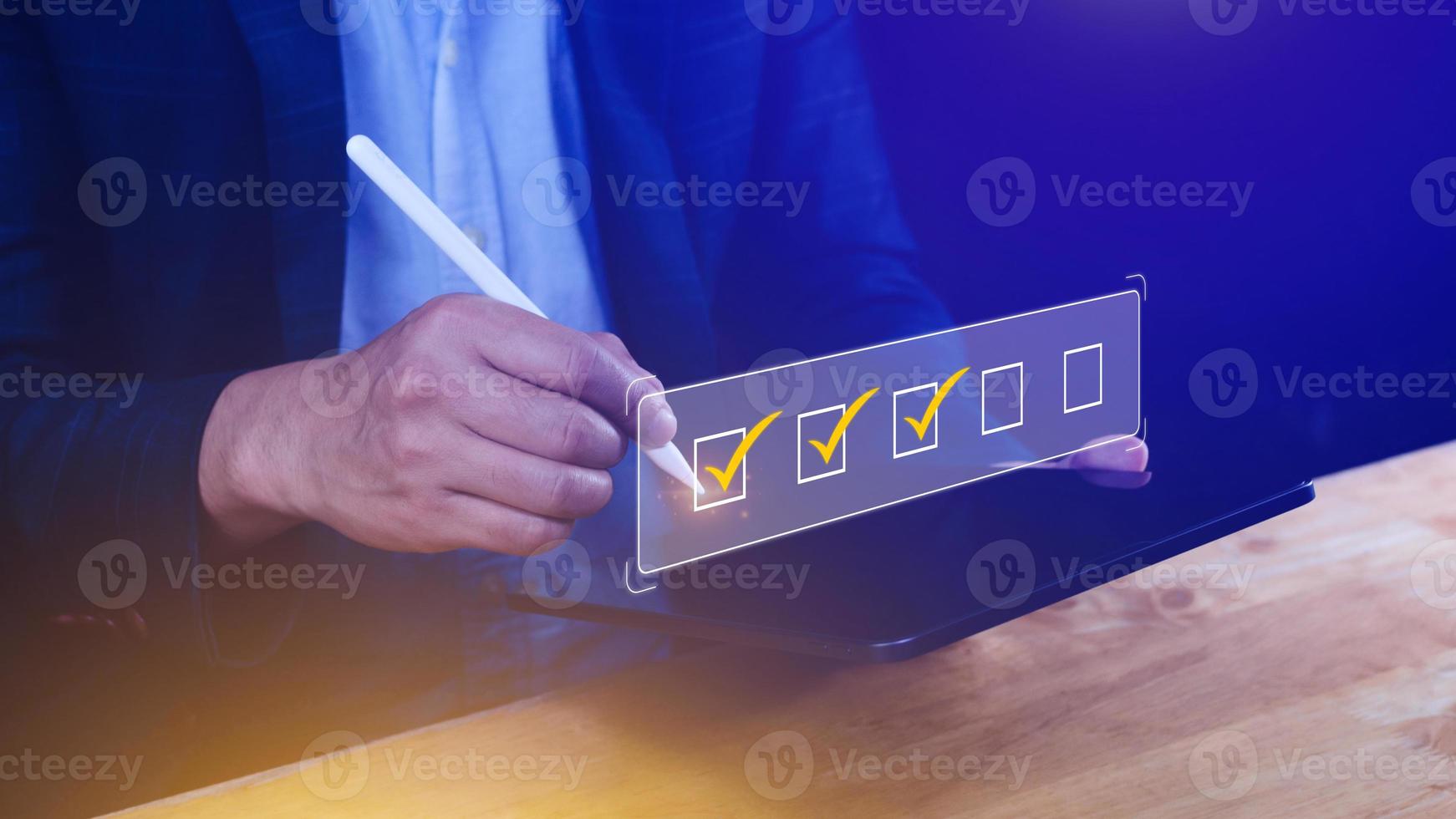 Businessman tick correct sign mark for document approve , project acceptance and quality assurance concept, take an assessment, questionnaire, evaluation, online survey online exam check list photo