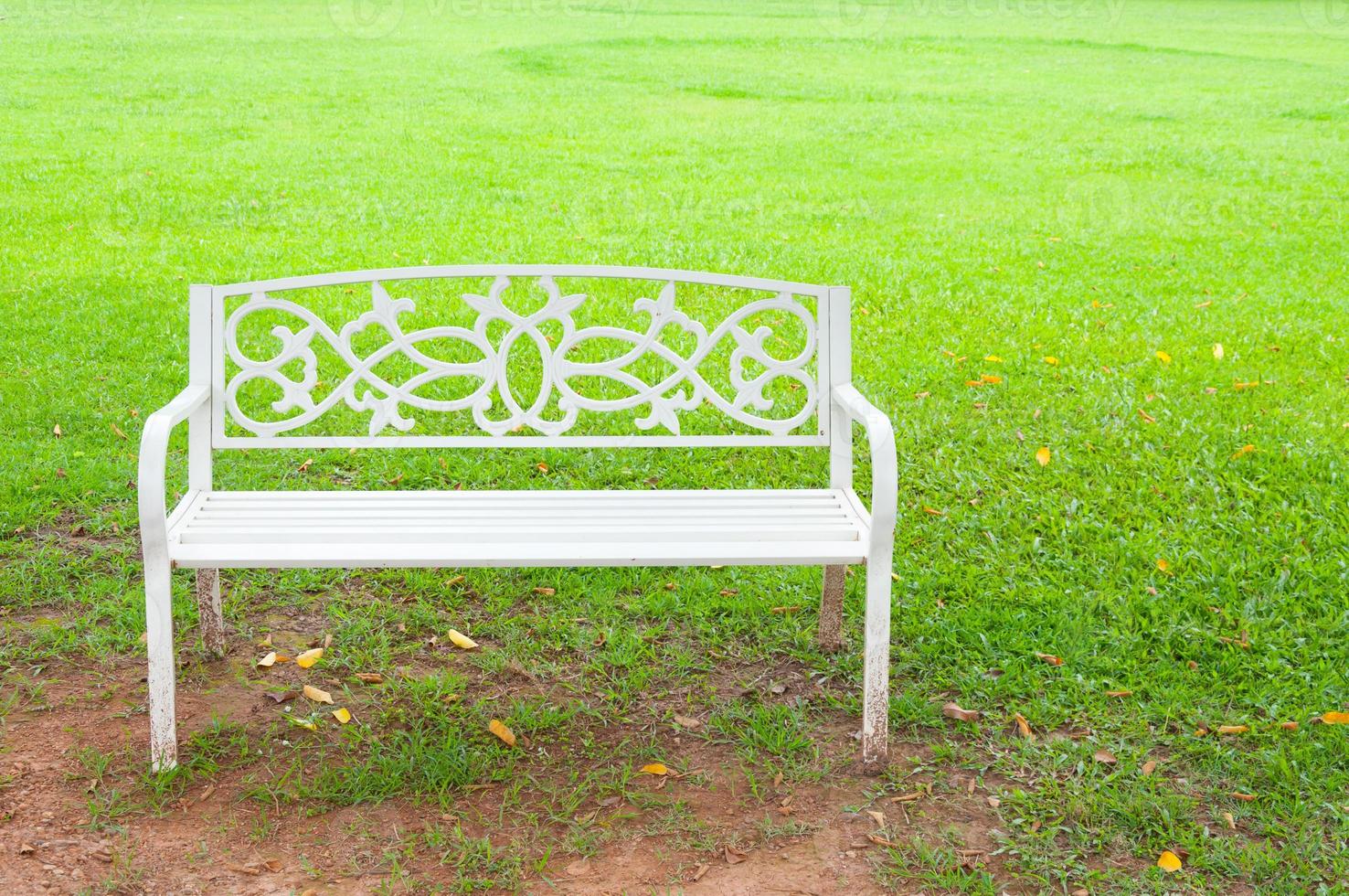 blanco silla en el jardín verde césped antecedentes foto