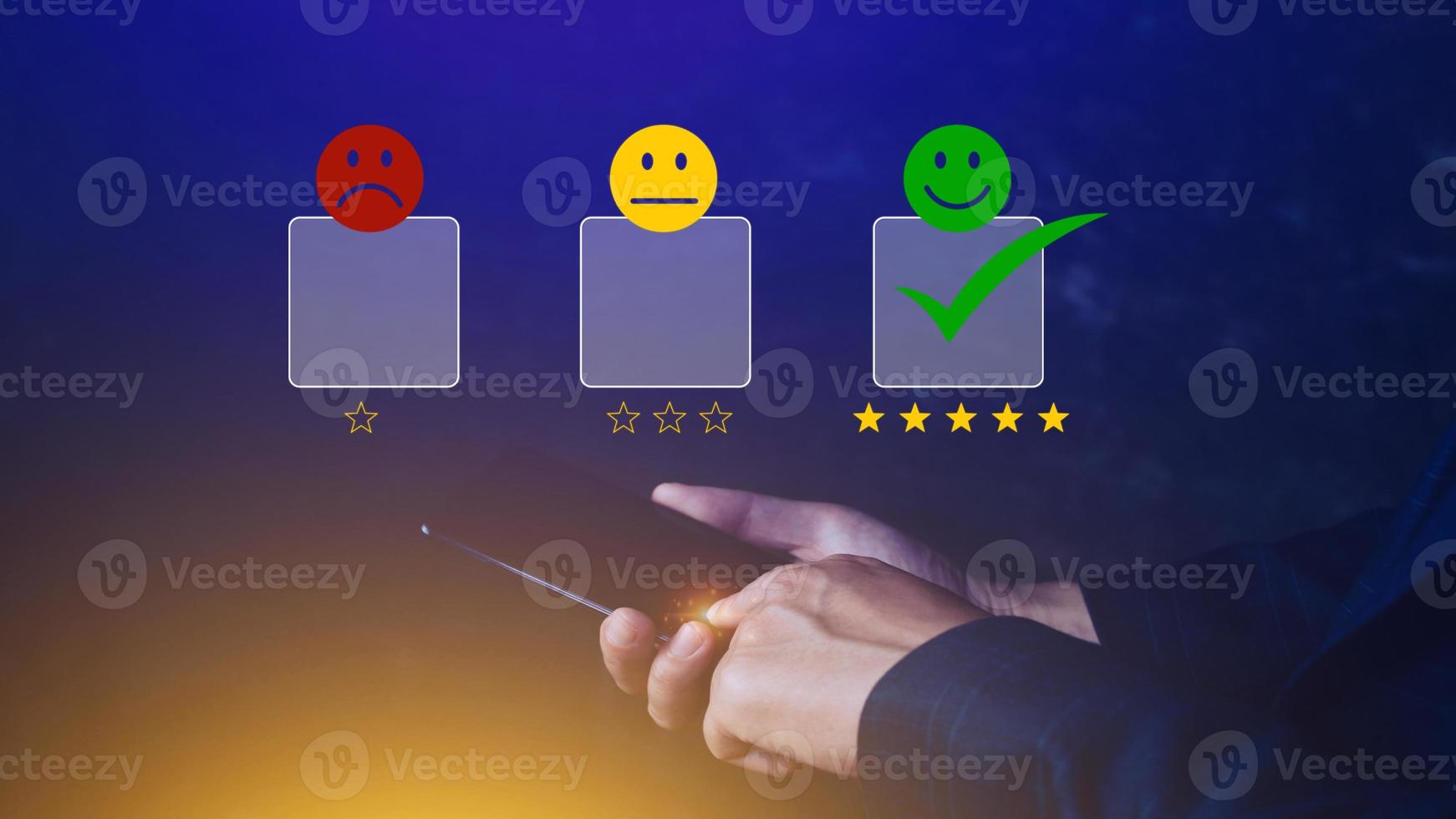 Customer service evaluation concept feedback rating and positive customer review experience, using a smartphone And pressing face emoticon smile in satisfaction on virtual touch screen photo