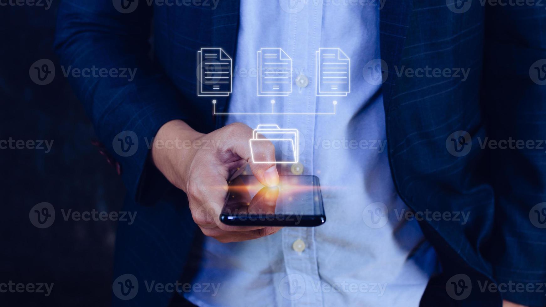 Document Management System DMS on smartphone, Online documentation database process automation to efficiently manage files, knowledge and documentation enterprise with ERP. photo