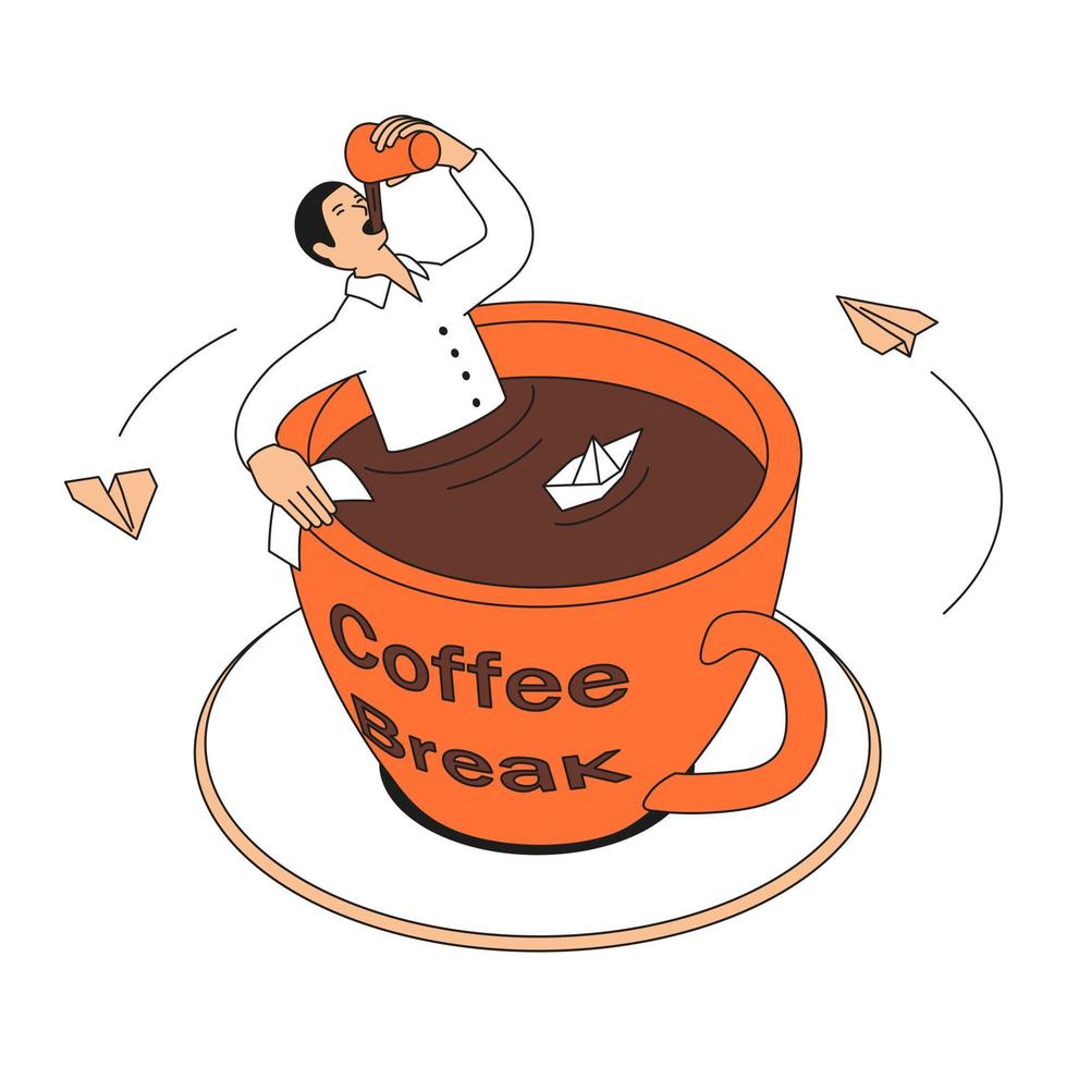 Man is resting inside a cup of coffee. vector