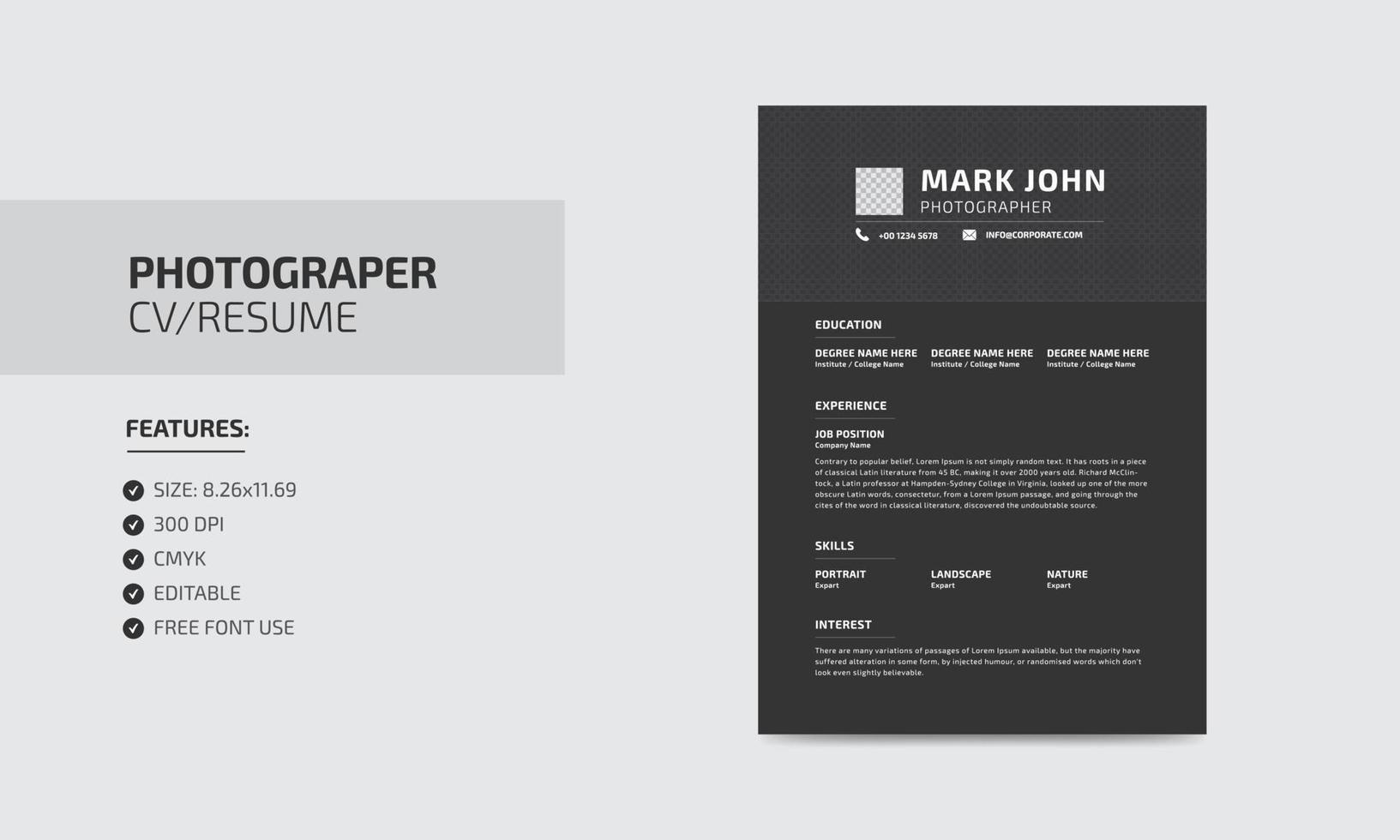 Photographer cv resume template. modern editable resume design vector