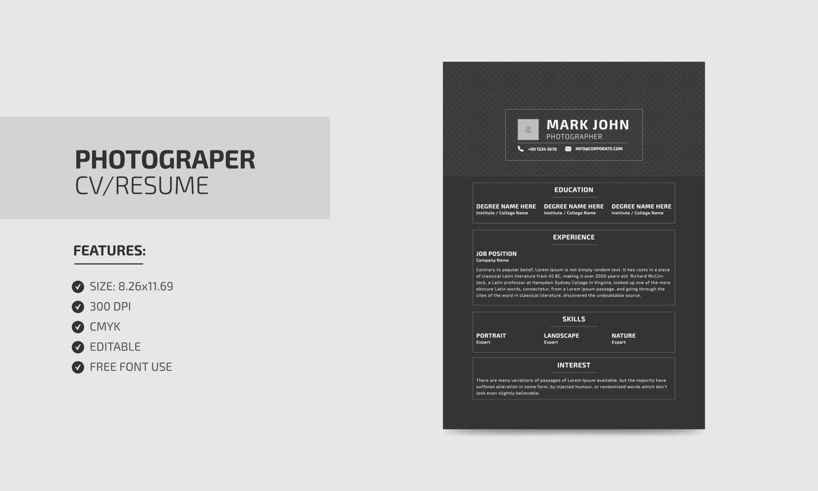 Photographer cv resume template. modern editable resume design vector