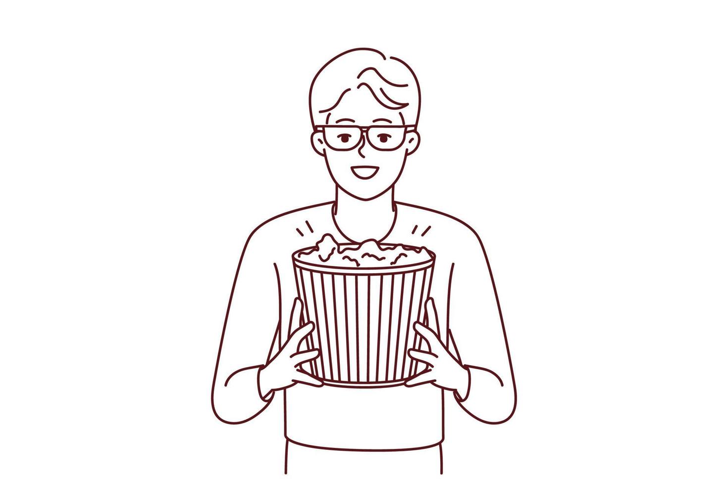 Happy young man in 3D glasses and popcorn in hands enjoy weekend in movie theater. Smiling guy with snack before film in cinema. Vector illustration.