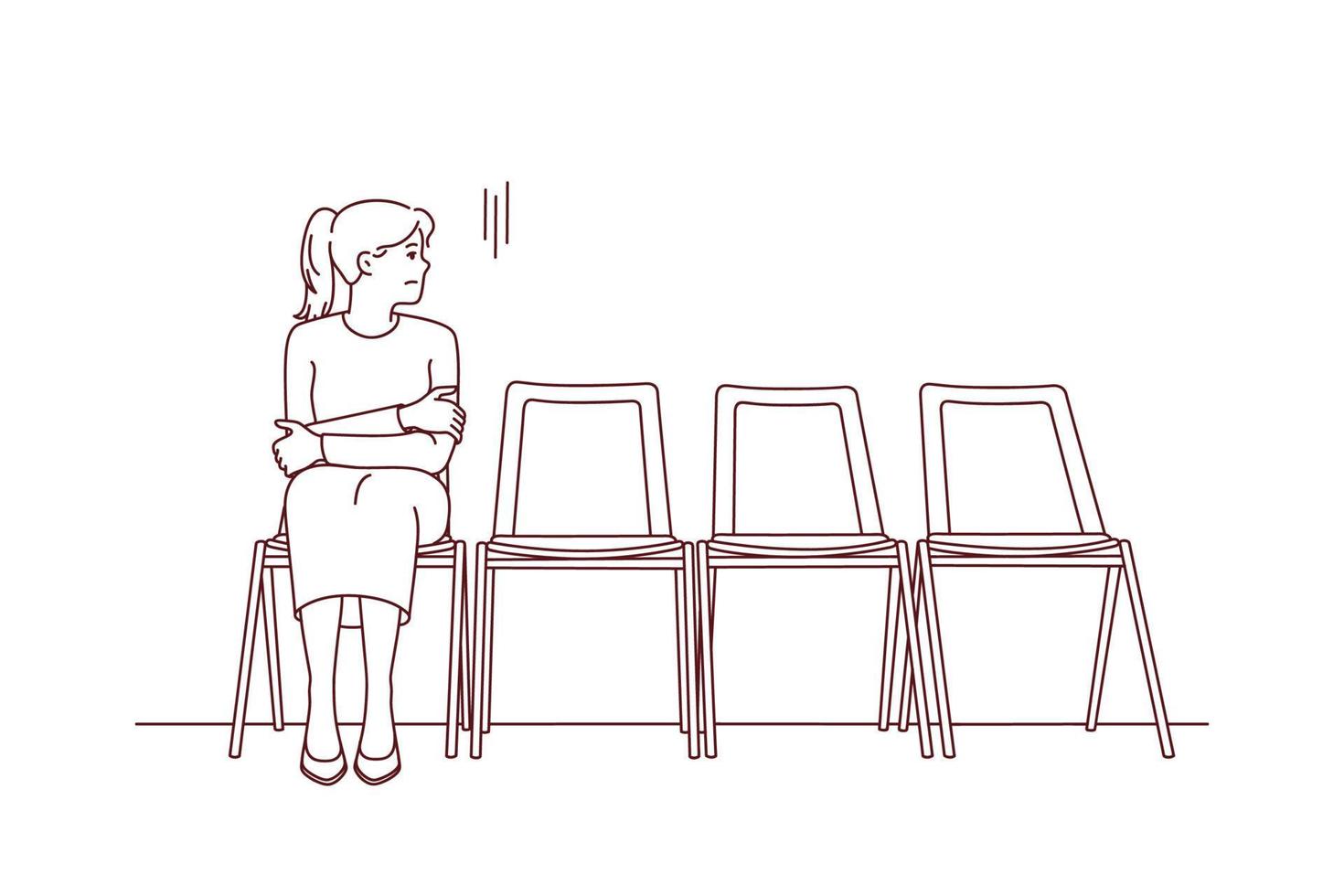 ansioso joven mujer sentar en silla en corredor esperando o cita. estresado hembra sensación preocupado Espere en línea en pasillo. vector ilustración.