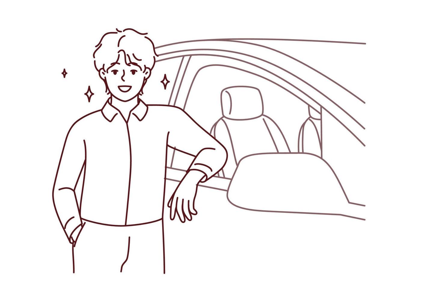 Smiling young man standing near new car in salon. Happy confident male buying automobile proud of purchase. Vector illustration.