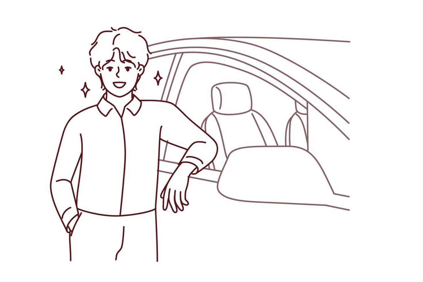 sonriente joven hombre en pie cerca nuevo coche en salón. contento confidente masculino comprando automóvil orgulloso de compra. vector ilustración.