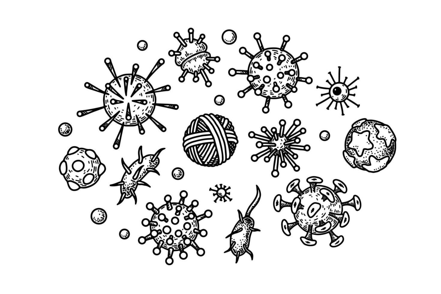 Set of hand drawn human viruses. Vector illustration in sketch style. Realistic microbiology scientific design