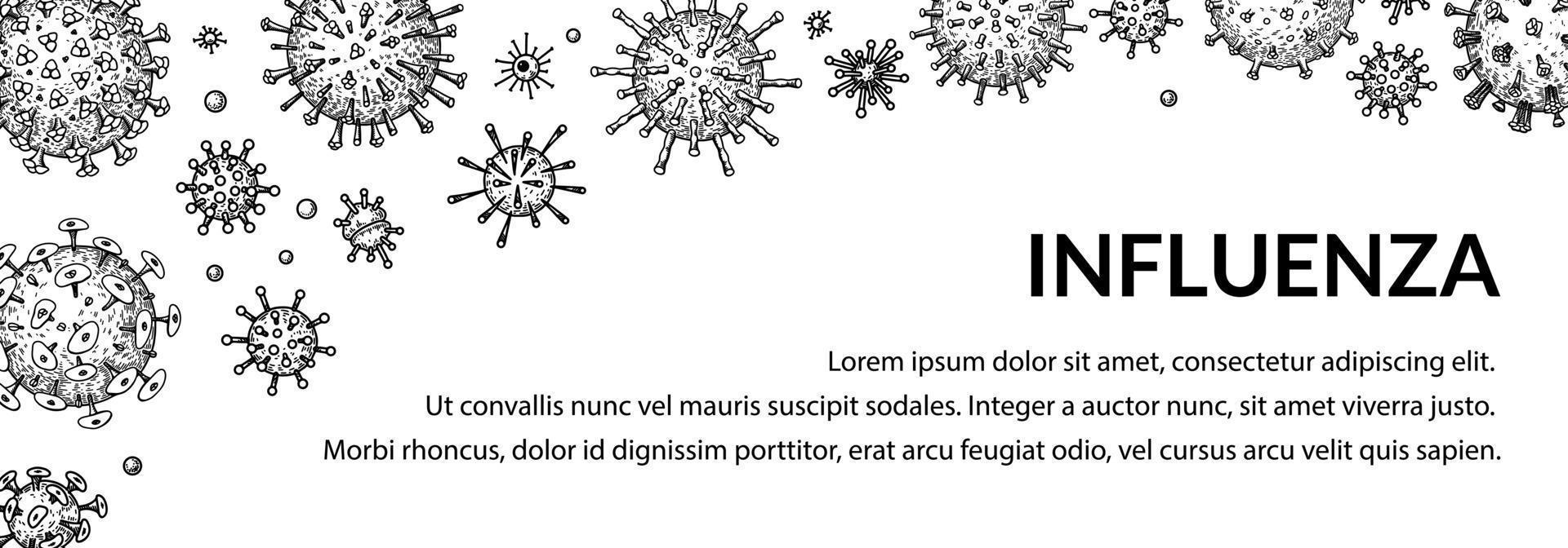 Virus horizontal background in sketch style. Hand drawn bacteria, germ, microorganism. Microbiology scientific design. Vector illustration in sketch style