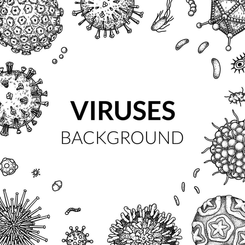 Virus square background in sketch style. Hand drawn bacteria, germ, microorganism. Microbiology scientific design. Vector illustration in sketch style