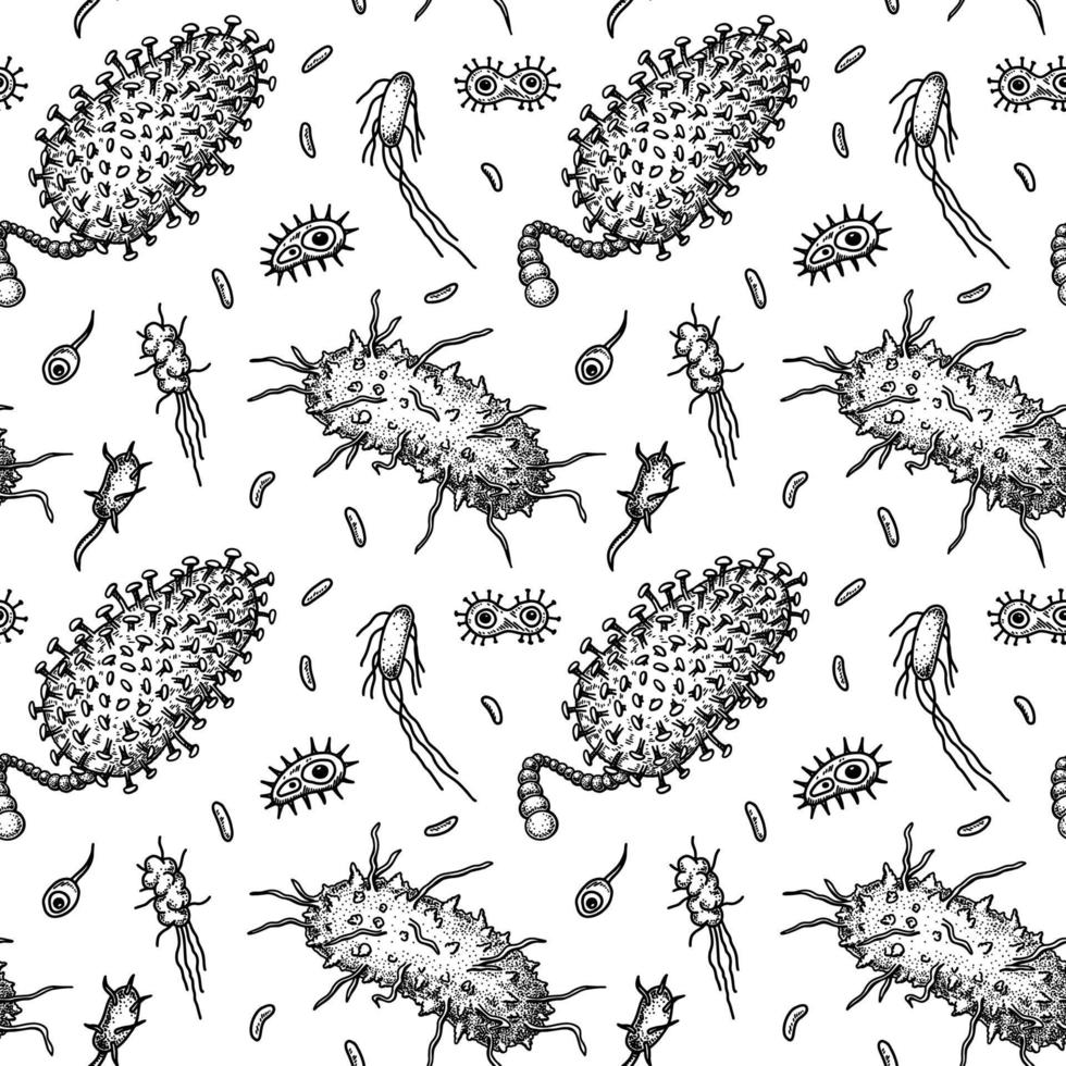 Viruses seamless patten. Scientific hand drawn vector illustration in sketch style. Microscopic microorganisms