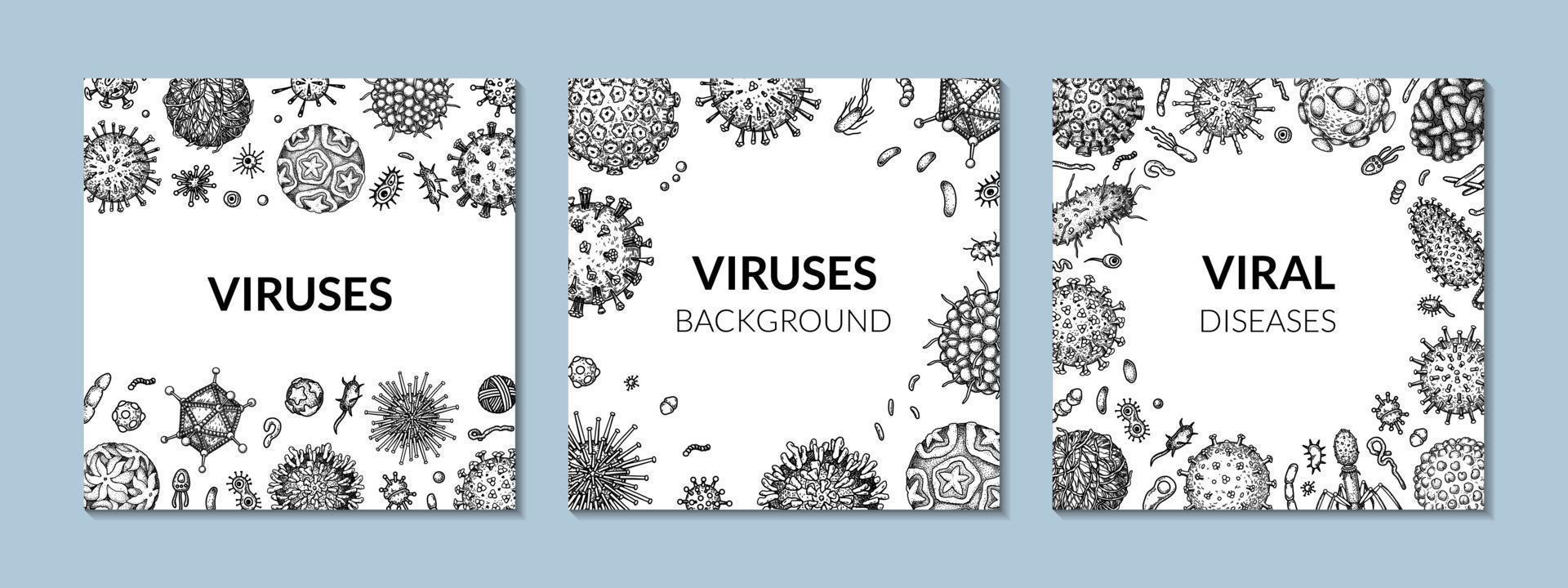 Virus square background in sketch style. Hand drawn bacteria, germ, microorganism. Microbiology scientific design. Vector illustration in sketch style
