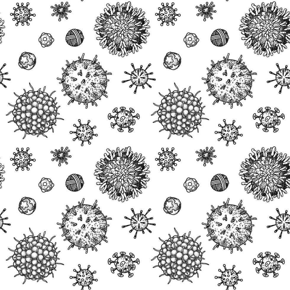 Viruses seamless patten. Scientific hand drawn vector illustration in sketch style. Microscopic microorganisms