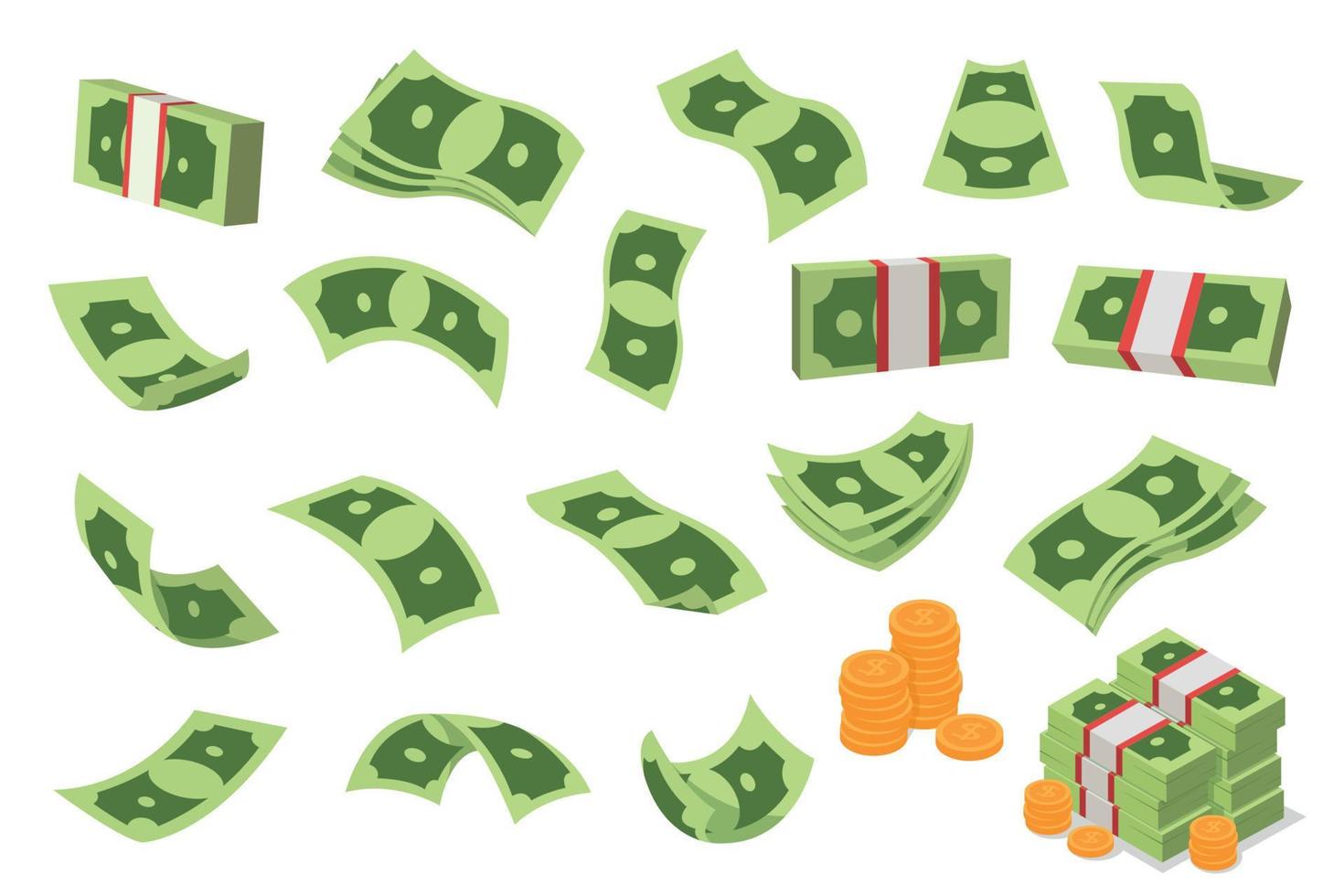 Various dollars illustration flat set. Flying dollars banknotes. Vector cartoon illustration