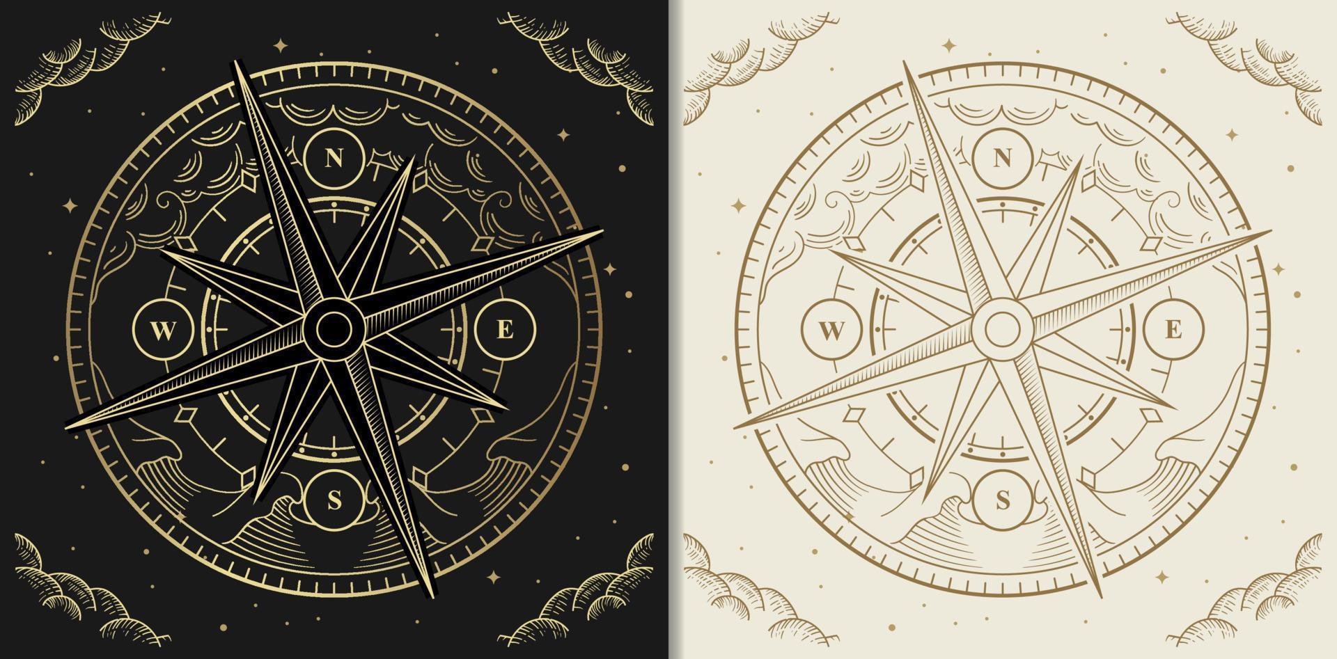 Golden compass with wave and cloud decoration vector