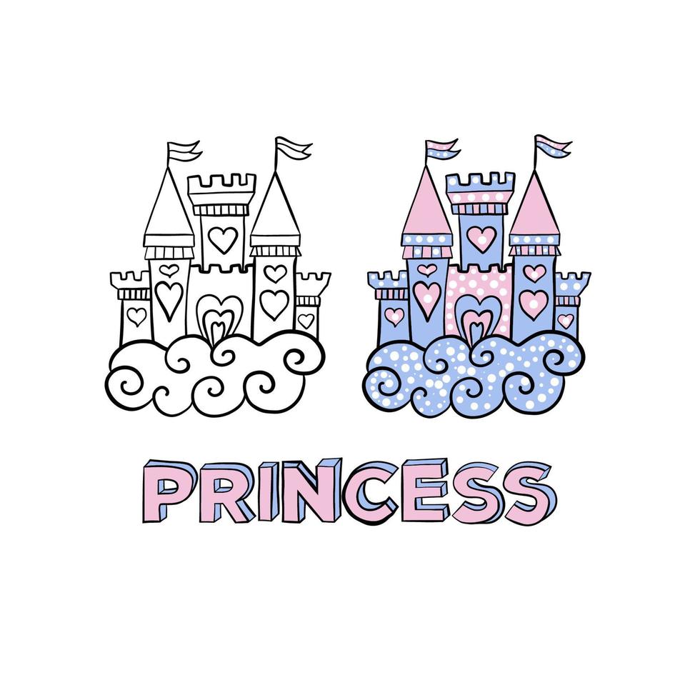 Romantic princess castle for Valentine's day. Vector hand drawn illustration.