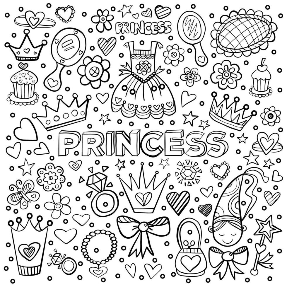 Set Princess for Valentine's day. Vector hand drawn black lines illustration.