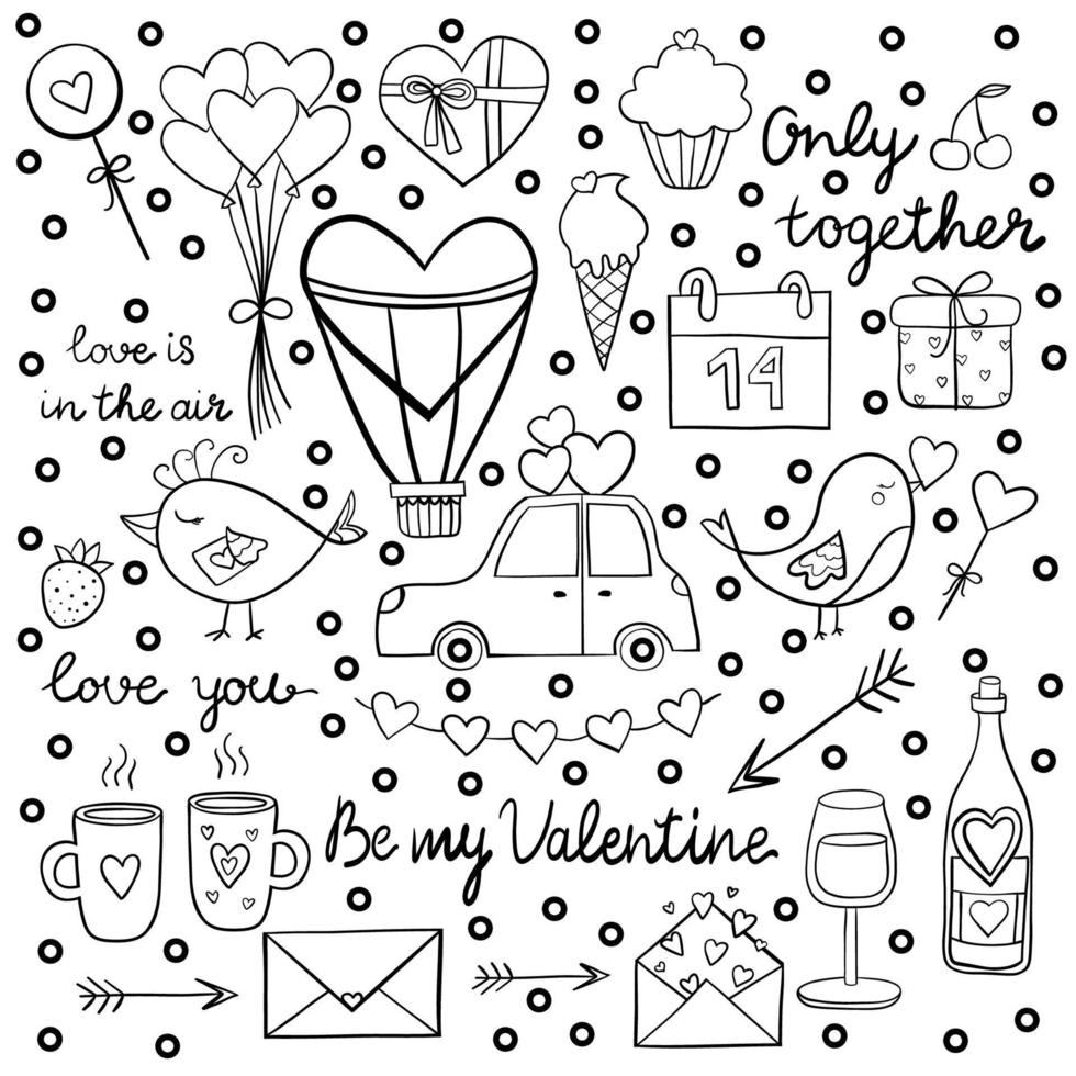 Romantic set pattern for Valentine's day. Vector hand drawn lines illustration.