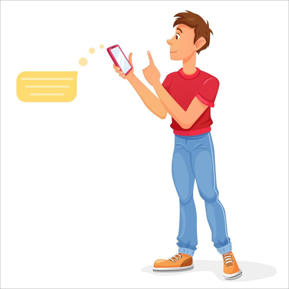 un joven hombre mira y escribe un mensaje en un teléfono inteligente comunicar vía teléfonos inteligentes vector dibujos animados personaje. social medios de comunicación concepto.