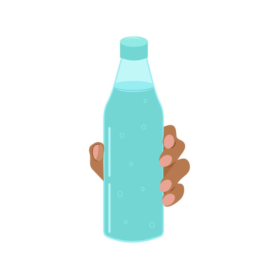 el mano sostiene un botella de Bebiendo agua. vector plano ilustración en un blanco antecedentes. diseño de publicidad, bandera, póster.