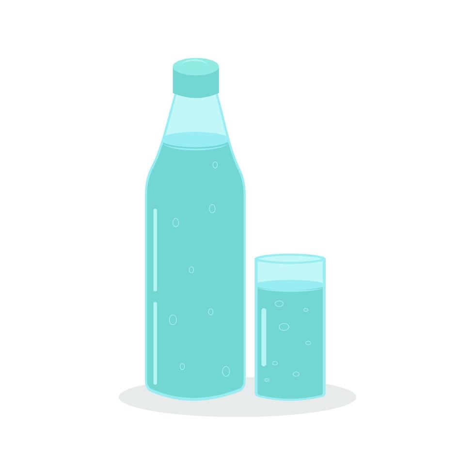 Drinking water in a glass and bottle. Vector flat illustration on a white background.