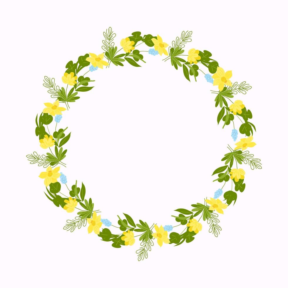 Round frame of spring flowers and twigs. Vector flat illustration. Wedding card decoration. Greeting card. White background.