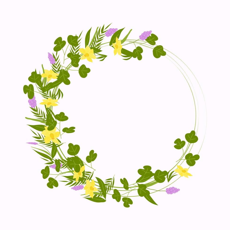 Round frame of spring flowers and twigs. Wedding card decoration. Greeting card. White background. Vector flat illustration.
