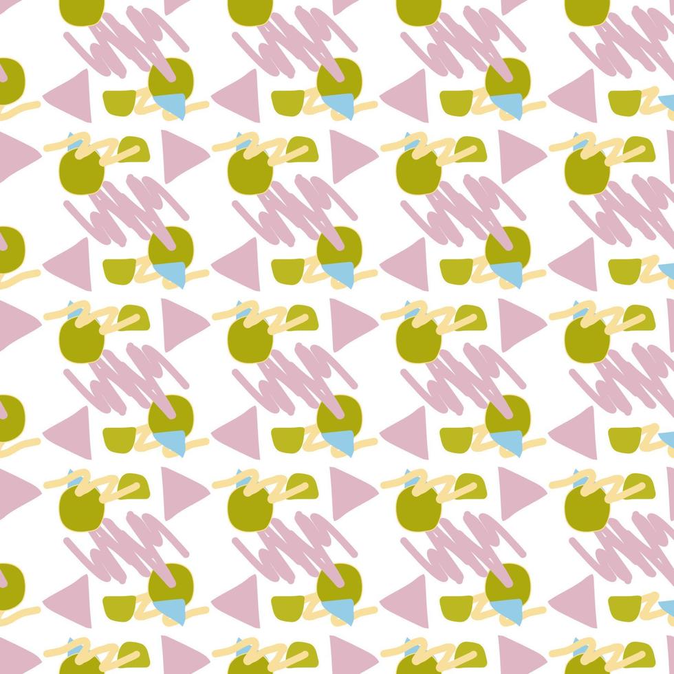 Pattern of abstract geometric shapes spring colors. Vector flat illustration. Seamless pattern. Packaging design. Strokes, circles, triangles.