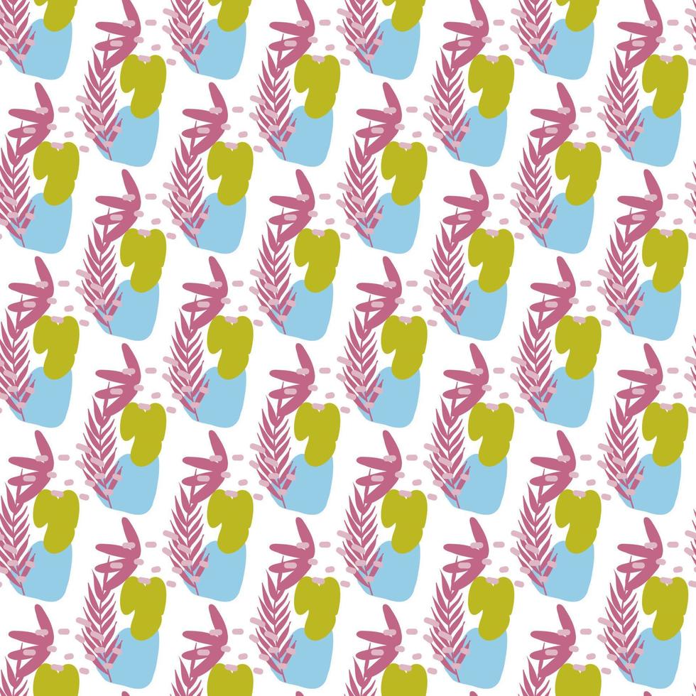 Pattern of abstract geometric shapes spring colors. Vector flat illustration. Seamless pattern. Packaging design. Flowers, twigs.
