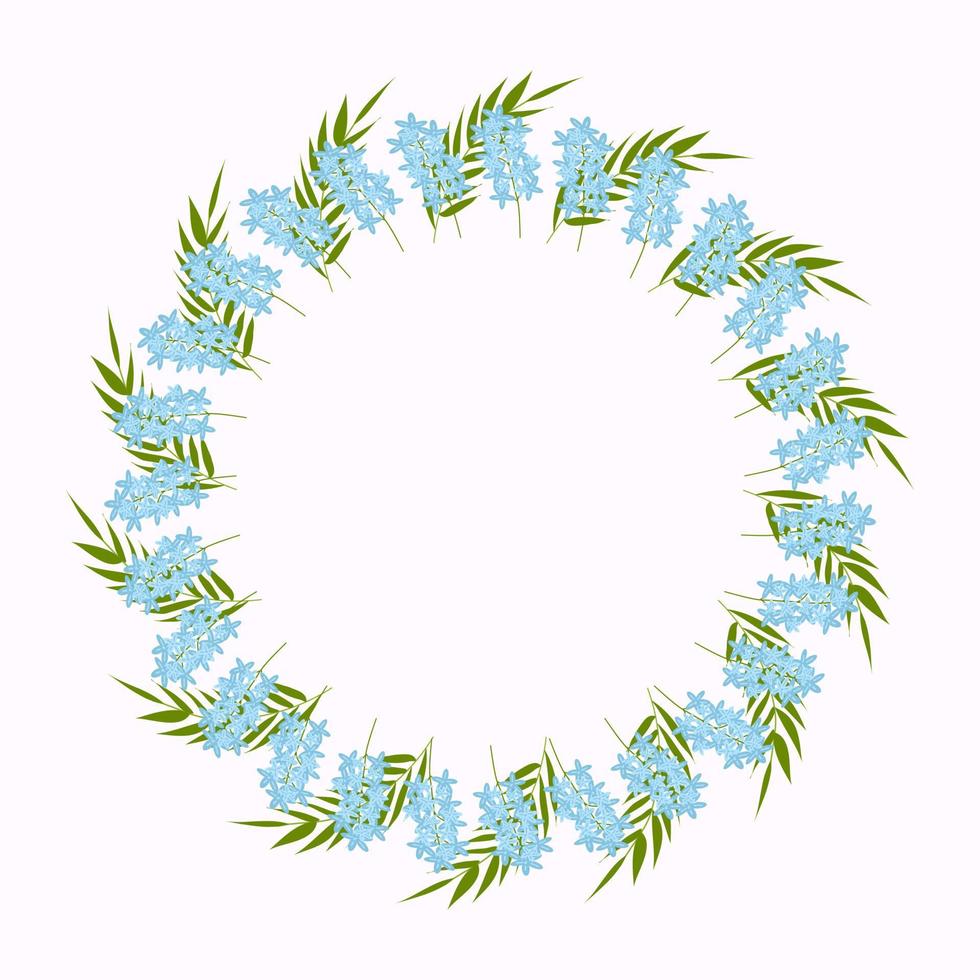 Round frame of spring flowers and twigs. Vector flat illustration. Wedding card decoration. Greeting card. White background.