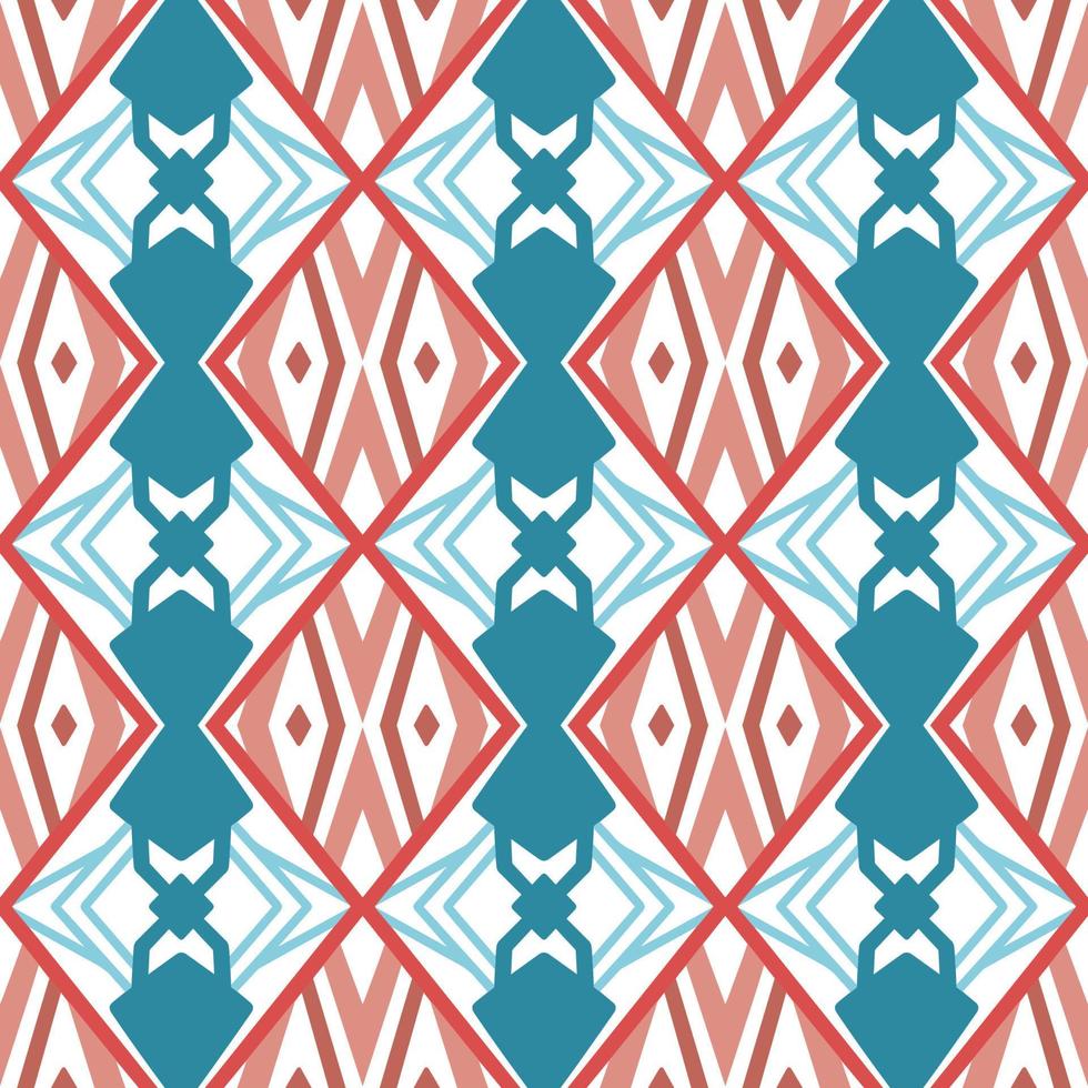 Blue and Red Chevron Seamless Pattern with Tribal Shape. Pattern designed in Ikat, Aztec, Moroccan, Thai, Luxury Arabic Style. Ideal for Fabric Garment, Ceramics, Wallpaper. Vector Illustration.