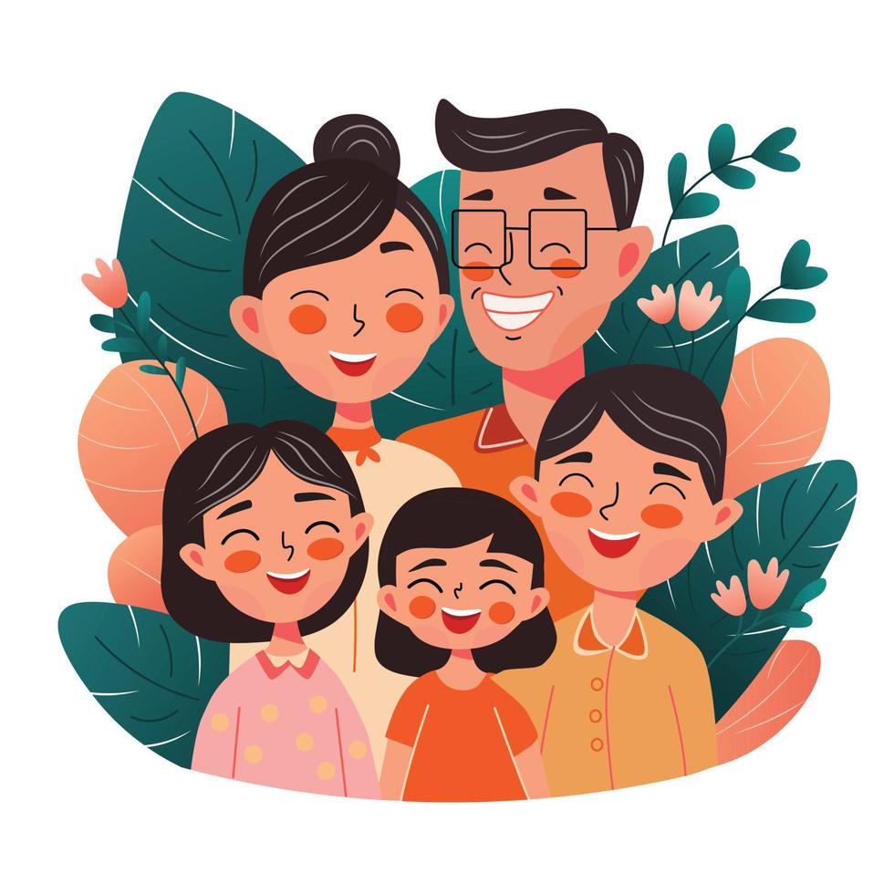 asiático americano familia retrato - madre, padre y Tres niños. linda sonriente caracteres para aapi mes. dibujos animados mano dibujado garabatear kawaii vector estilo personas