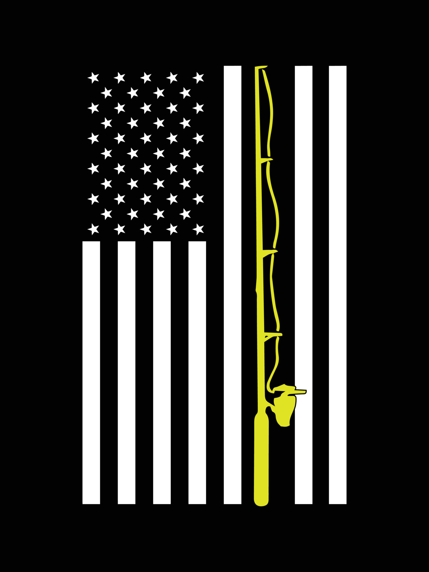 American fishing flag. Black and white USA flag and yellow fishing
